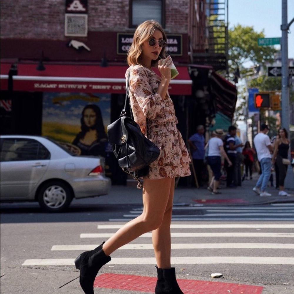 PAIGE “Lemay” Dress in Dark Ink Blue/Golden Sky Print